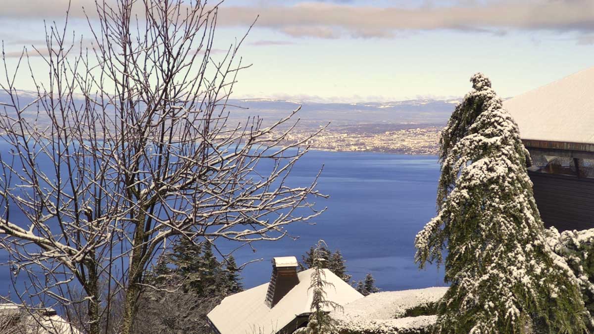 Vue de la terrasse du chalet en hiver
